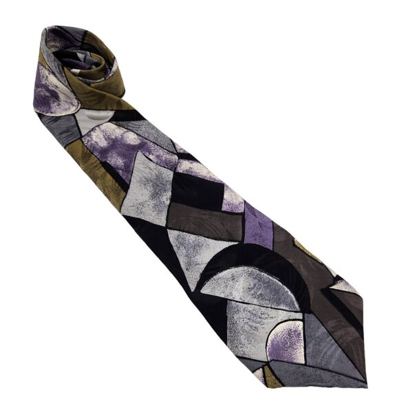 Mario Valentino Tie Mens Silk Black Purple Gray Abstract‎ Pattern Italy EUC - Picture 1 of 7